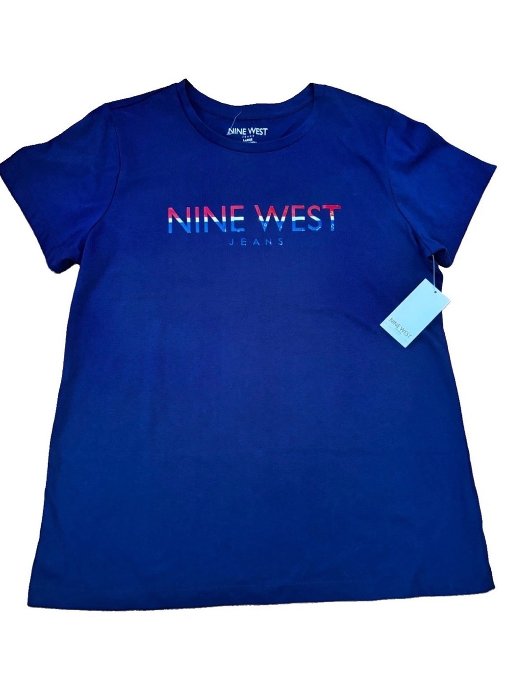 Nine West Jeans Womenโs Patriotic Logo Lettering Short Sleeve Tee - Navy - Large